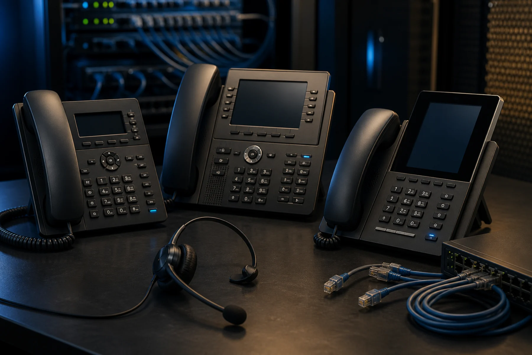 Teléfonos IP empresariales, headset y conectividad de red