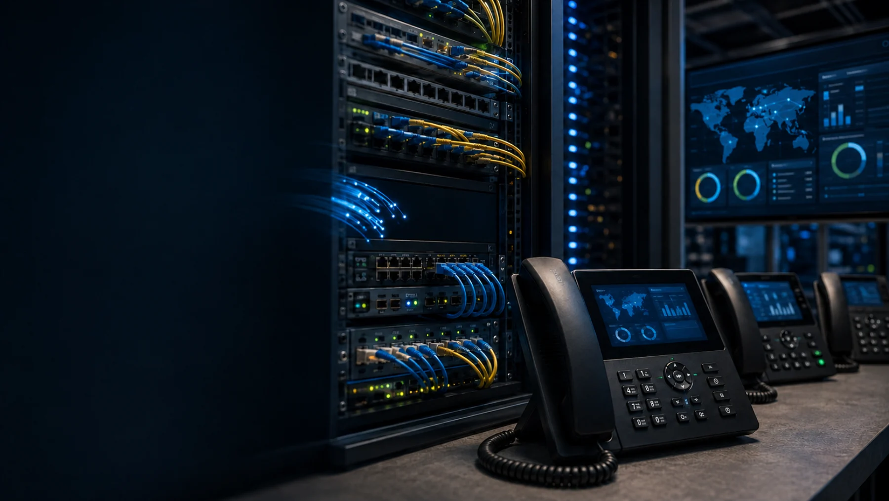 Infraestructura empresarial de telecomunicaciones con racks de red y teléfonos IP